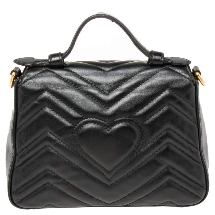 Pre Owned Gucci Black Matelassé Leather GG Marmont Mini Top Handle Bag