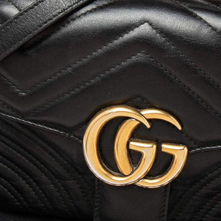Pre Owned Gucci Black Matelassé Leather GG Marmont Mini Top Handle Bag