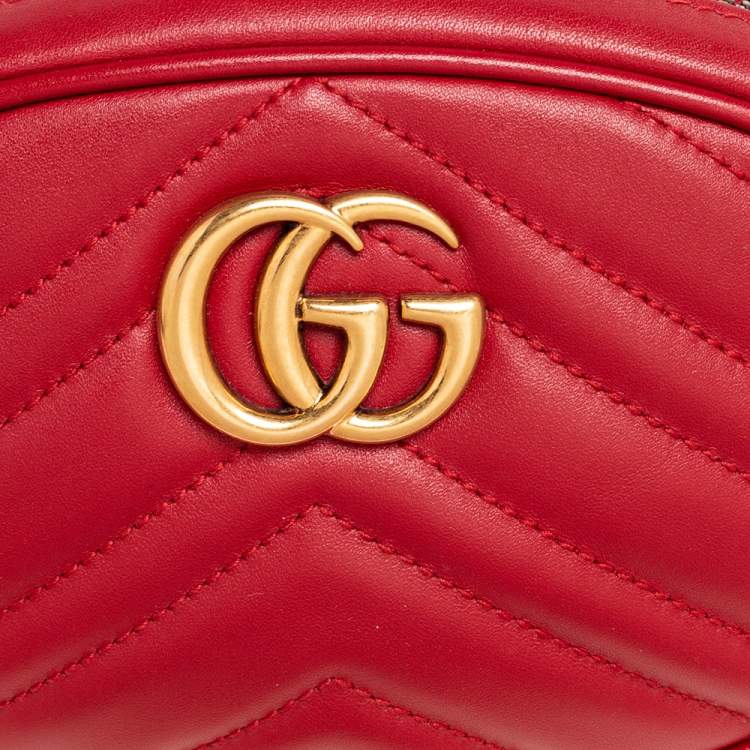 Pre Owned Gucci Red Matelassé Leather GG Marmont Belt Bag