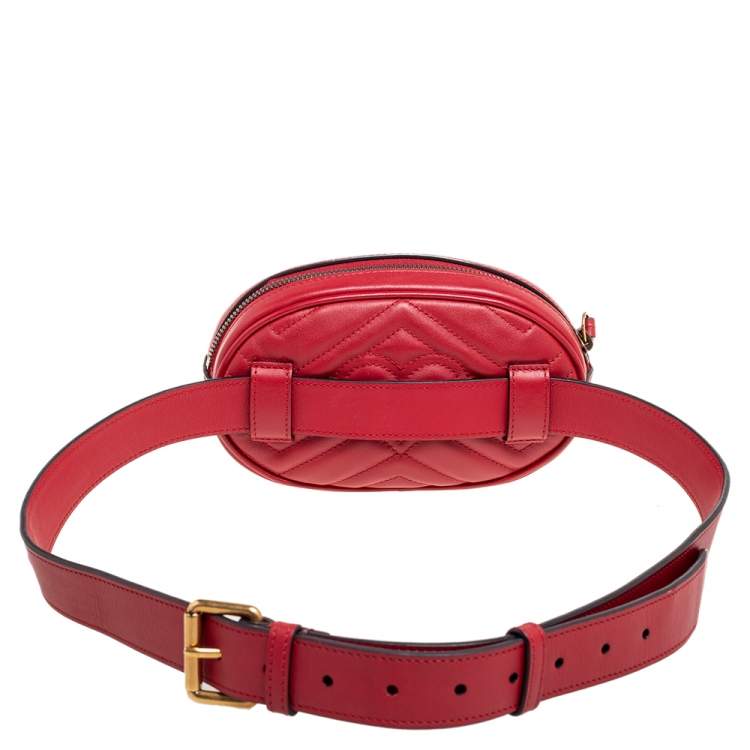 Pre Owned Gucci Red Matelassé Leather GG Marmont Belt Bag