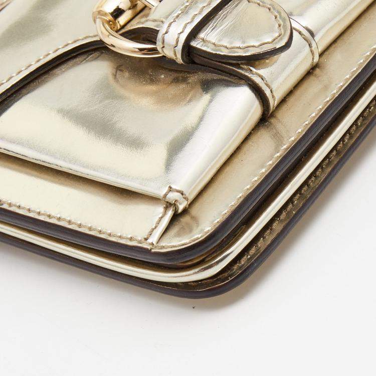 Pre Owned Gucci Metallic Gold Laminate Leather Studded Evening Wristlet Clutch