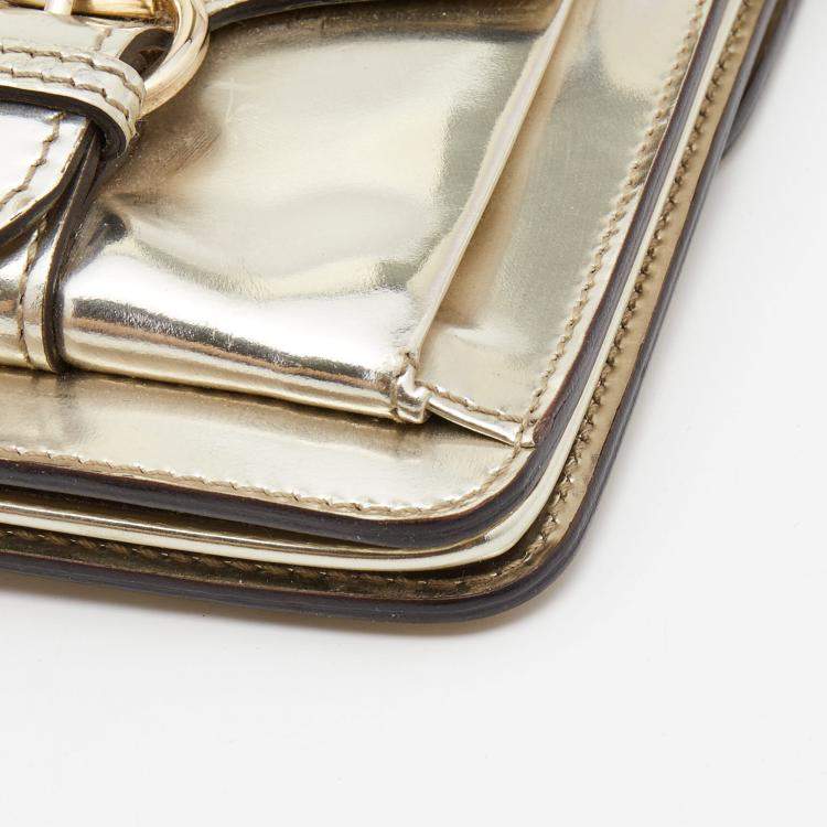 Pre Owned Gucci Metallic Gold Laminate Leather Studded Evening Wristlet Clutch