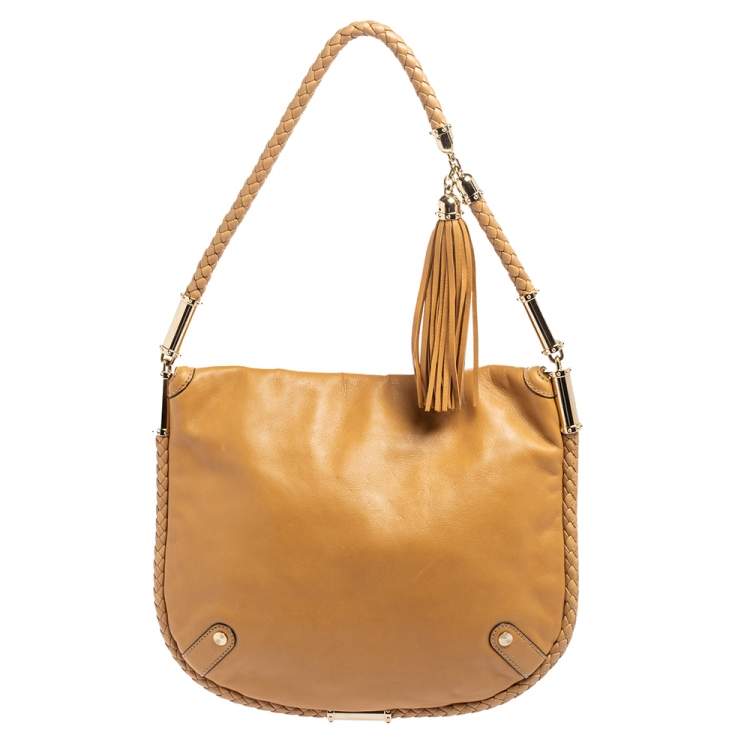 Pre Owned Gucci Beige Leather Medium Britt Tassel Hobo