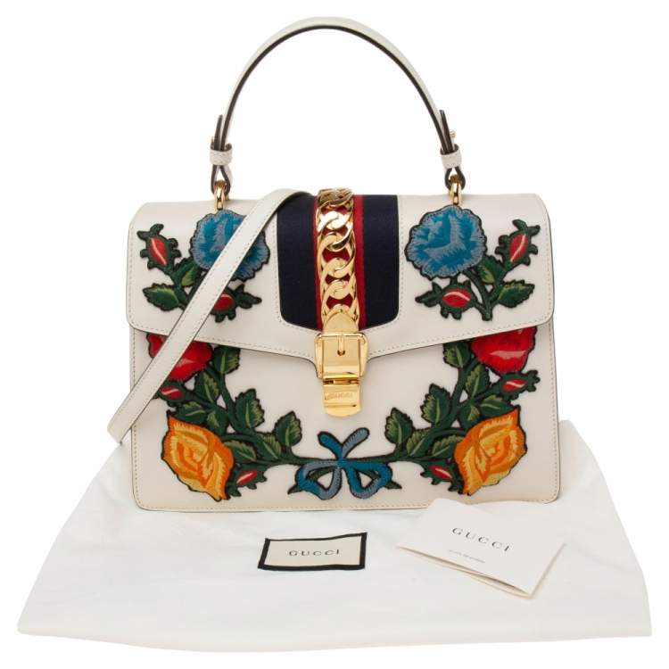 Pre Owned Gucci White Leather Floral Embroidered Medium Sylvie Top Handle Bag