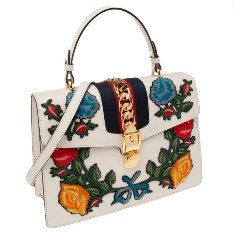 Pre Owned Gucci White Leather Floral Embroidered Medium Sylvie Top Handle Bag