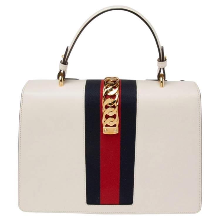 Pre Owned Gucci White Leather Floral Embroidered Medium Sylvie Top Handle Bag