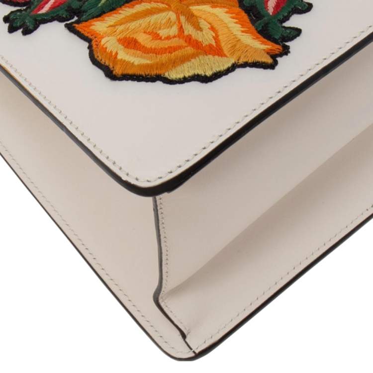 Pre Owned Gucci White Leather Floral Embroidered Medium Sylvie Top Handle Bag