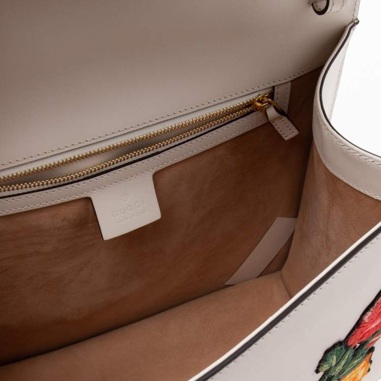 Pre Owned Gucci White Leather Floral Embroidered Medium Sylvie Top Handle Bag