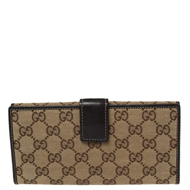 Pre Owned Gucci Dark Brown/Beige GG Canvas and Leather Indy Continental Wallet