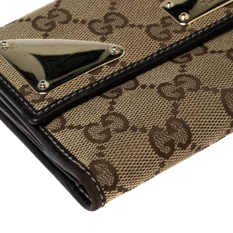 Pre Owned Gucci Dark Brown/Beige GG Canvas and Leather Indy Continental Wallet