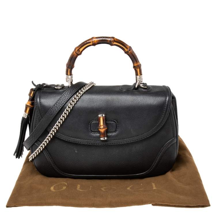 Pre Owned Gucci Black Leather Large New Bamboo Tassel Top Handle bag