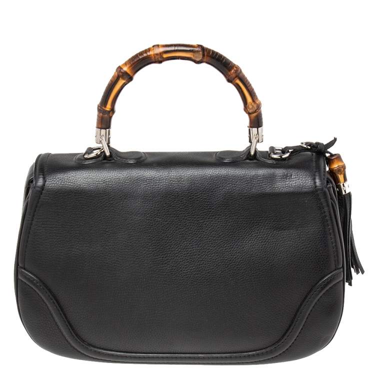 Pre Owned Gucci Black Leather Large New Bamboo Tassel Top Handle bag