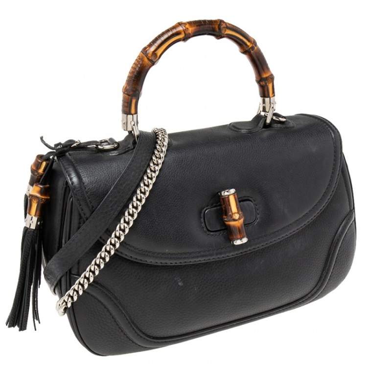 Pre Owned Gucci Black Leather Large New Bamboo Tassel Top Handle bag