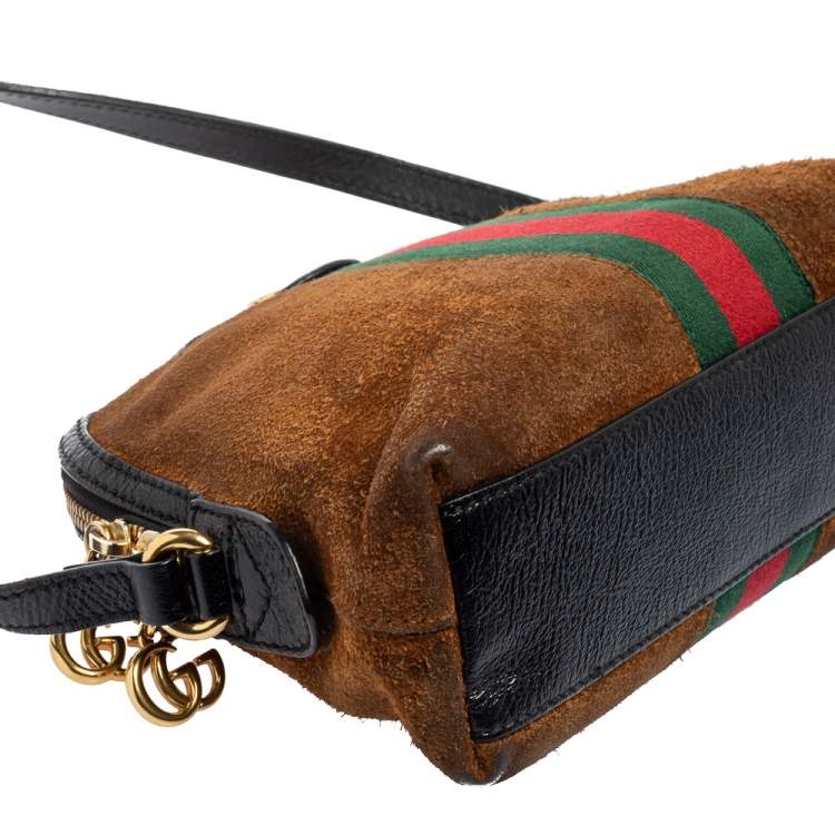 Pre Owned Gucci Brown/Black Suede and Patent Leather Ophidia Crossbody Bag