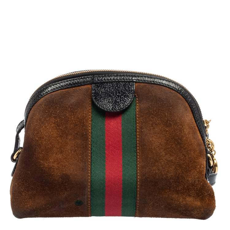 Pre Owned Gucci Brown/Black Suede and Patent Leather Ophidia Crossbody Bag