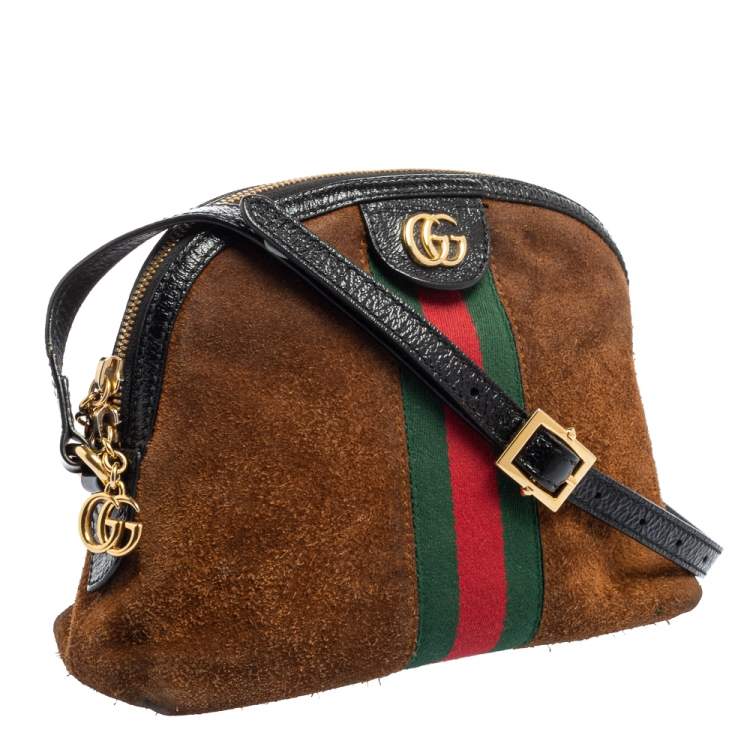 Pre Owned Gucci Brown/Black Suede and Patent Leather Ophidia Crossbody Bag