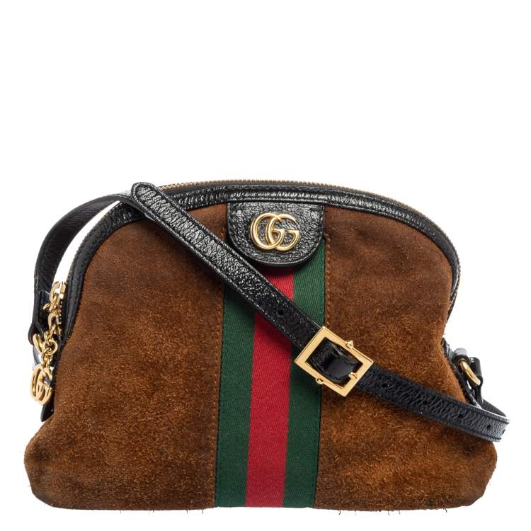 Pre Owned Gucci Brown/Black Suede and Patent Leather Ophidia Crossbody Bag