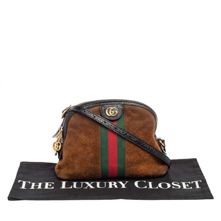 Pre Owned Gucci Brown/Black Suede and Patent Leather Ophidia Crossbody Bag
