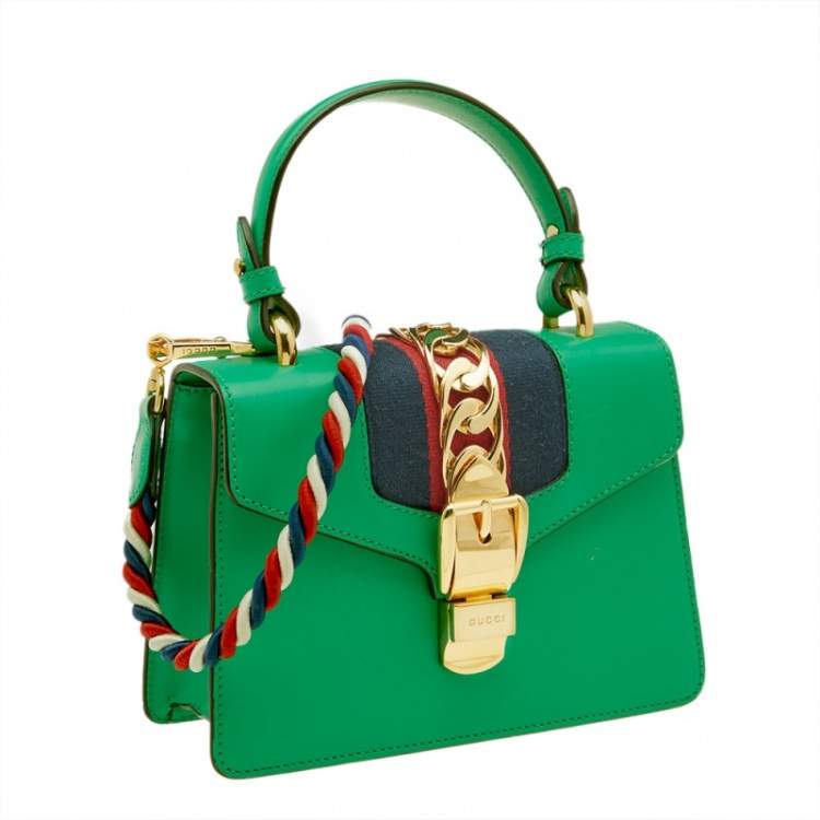 Pre Owned Gucci Green Mini Web Chain Sylvie Top Handle Bag