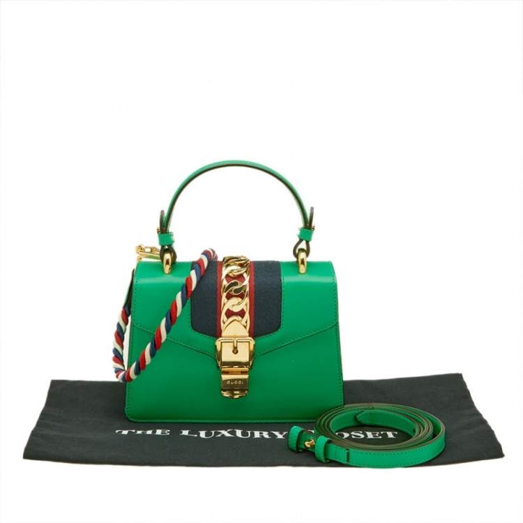 Pre Owned Gucci Green Mini Web Chain Sylvie Top Handle Bag