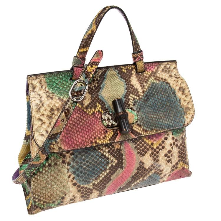 Pre Owned Gucci Multicolor Python Bamboo Daily Top Handle Bag