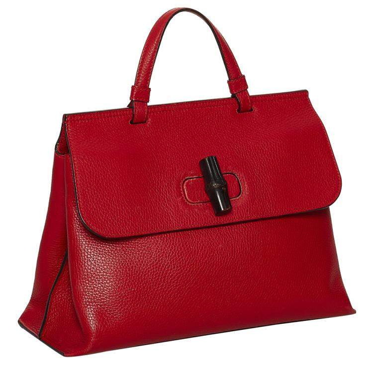 Pre Owned Gucci Red Leather Bamboo Daily Satchel Bag