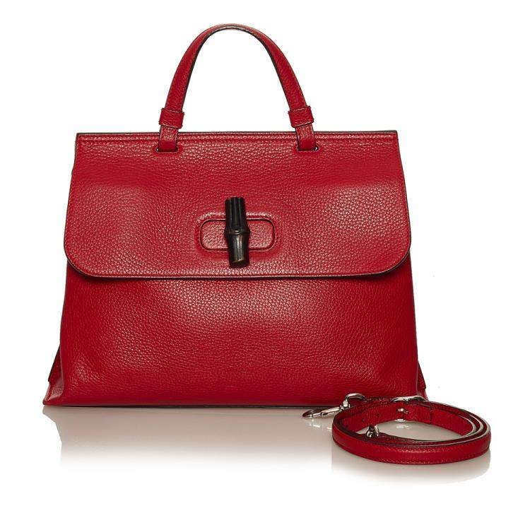 Pre Owned Gucci Red Leather Bamboo Daily Satchel Bag