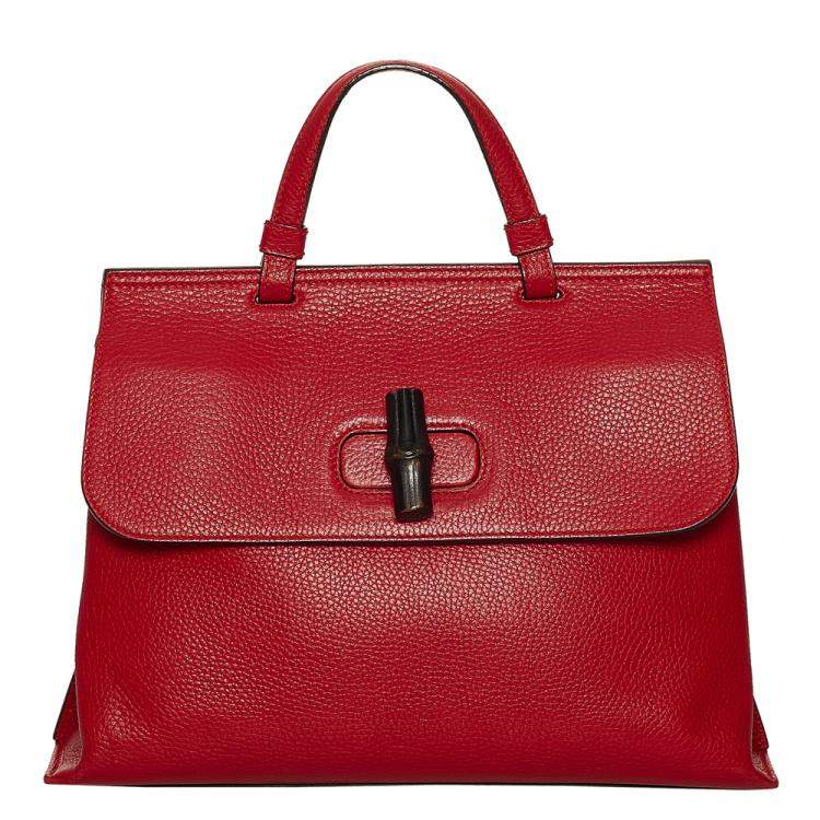 Pre Owned Gucci Red Leather Bamboo Daily Satchel Bag