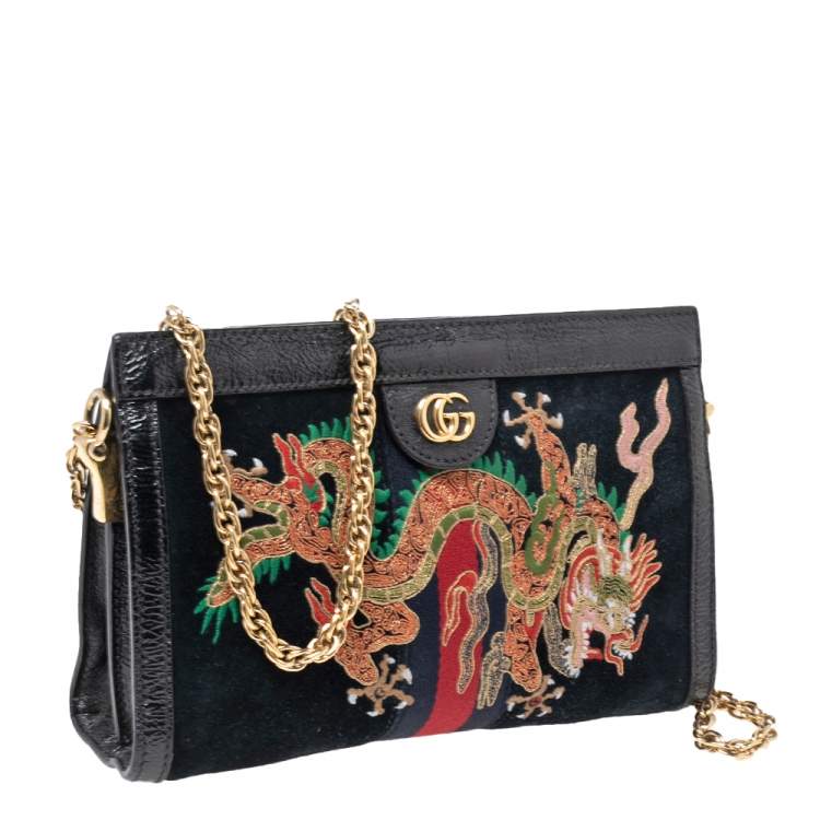 Pre Owned Gucci Black Suede and Leather Ophidia Dragon Shoulder Bag