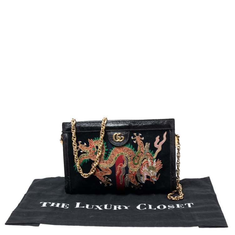 Pre Owned Gucci Black Suede and Leather Ophidia Dragon Shoulder Bag