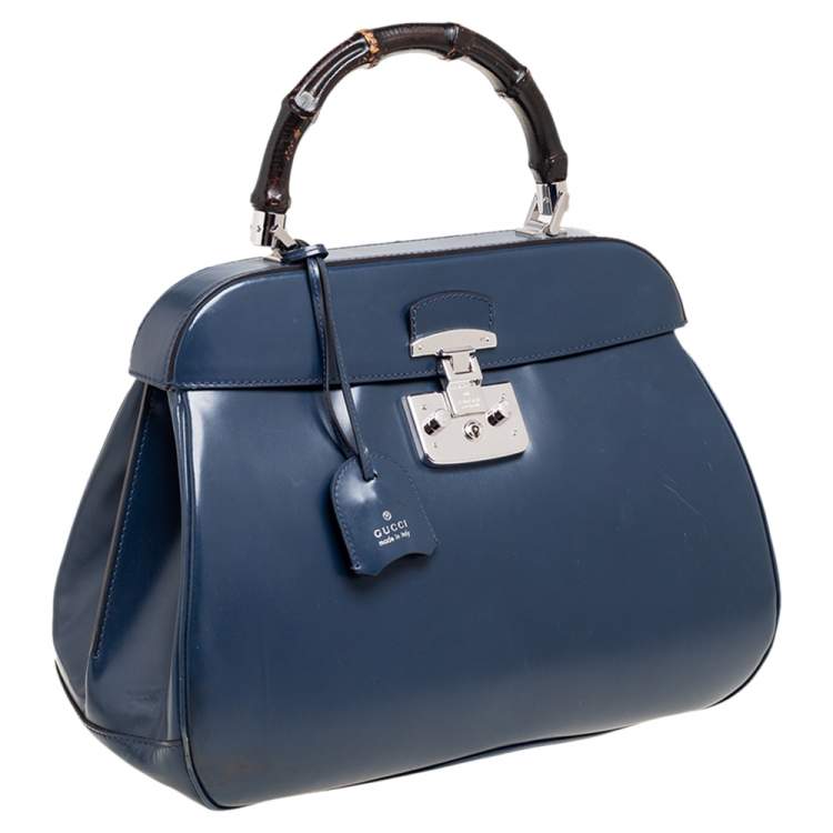 Pre Owned Gucci Blue Patent Leather Lady Lock Bamboo Large Top Handle Bag