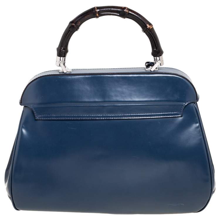Pre Owned Gucci Blue Patent Leather Lady Lock Bamboo Large Top Handle Bag