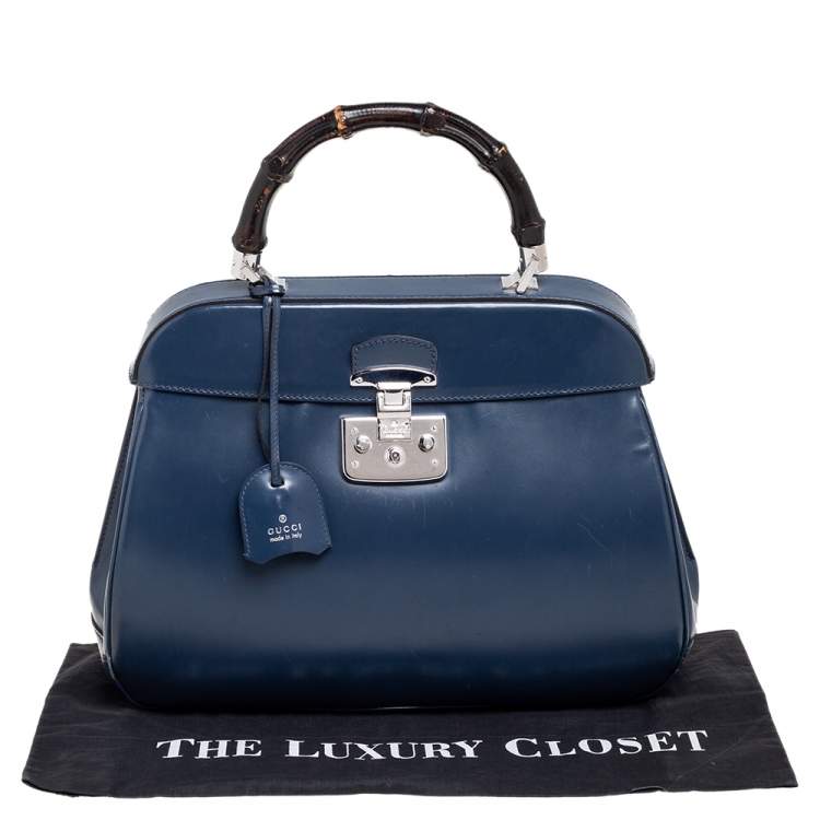Pre Owned Gucci Blue Patent Leather Lady Lock Bamboo Large Top Handle Bag