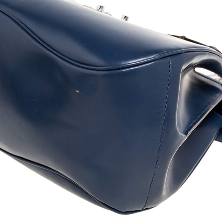 Pre Owned Gucci Blue Patent Leather Lady Lock Bamboo Large Top Handle Bag