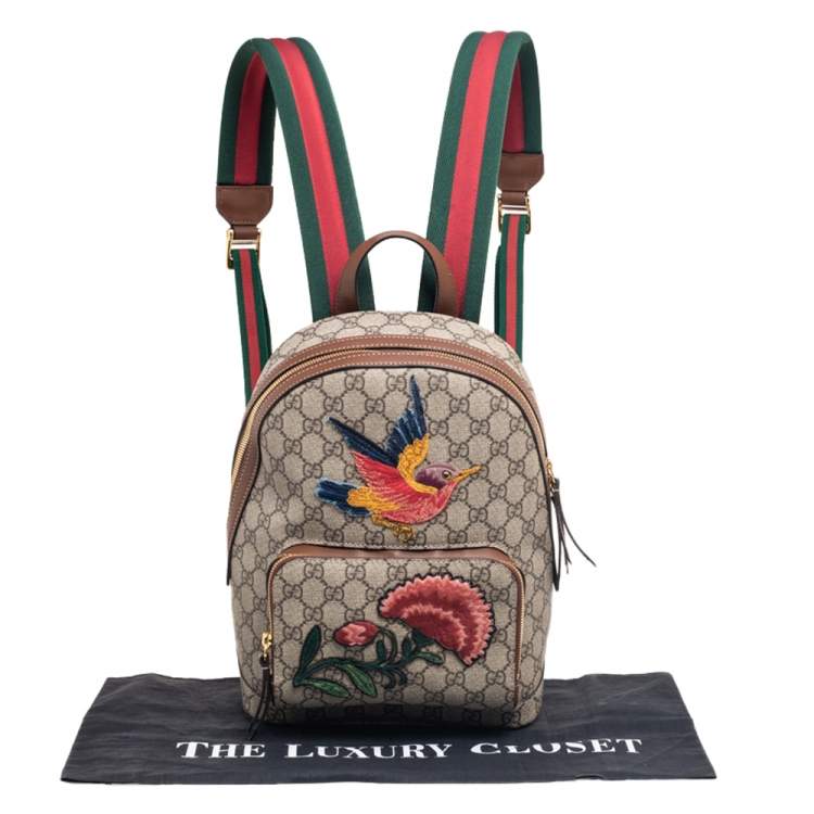 Pre Owned Gucci Beige GG Supreme Canvas and Leather Limited Edition Embroidered Backpack