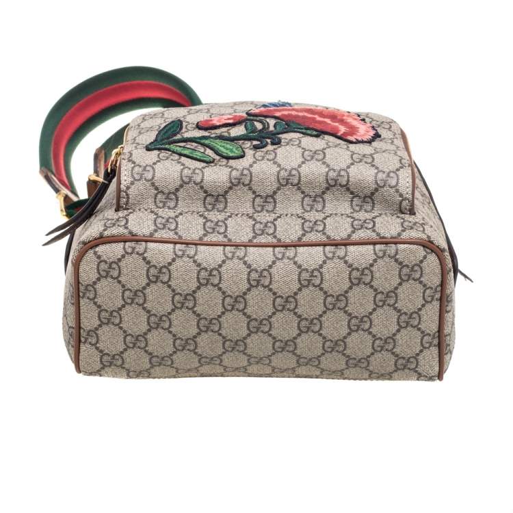 Pre Owned Gucci Beige GG Supreme Canvas and Leather Limited Edition Embroidered Backpack