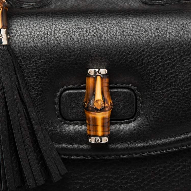 Pre Owned Gucci Black Leather New Bamboo Tassel Top Handle Bag