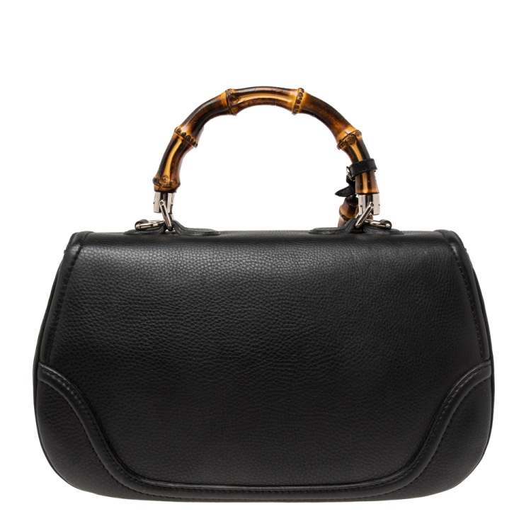 Pre Owned Gucci Black Leather New Bamboo Tassel Top Handle Bag