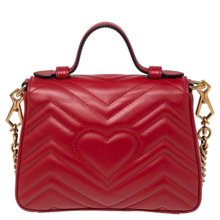 Pre Owned Gucci Red Chevron Quilted Leather Mini GG Marmont Top Handle Bag