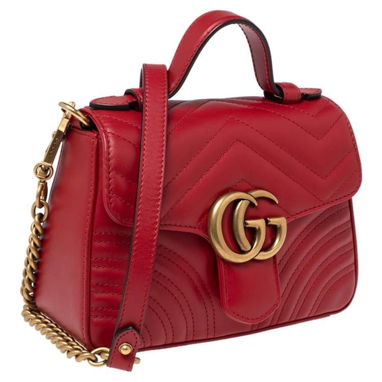 Pre Owned Gucci Red Chevron Quilted Leather Mini GG Marmont Top Handle Bag
