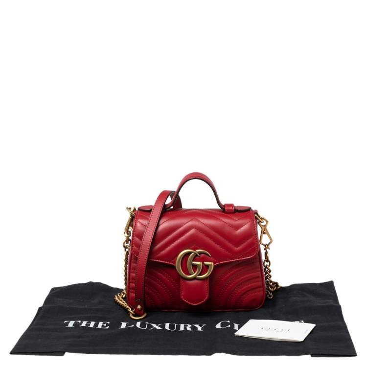 Pre Owned Gucci Red Chevron Quilted Leather Mini GG Marmont Top Handle Bag