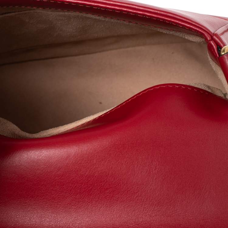 Pre Owned Gucci Red Chevron Quilted Leather Mini GG Marmont Top Handle Bag