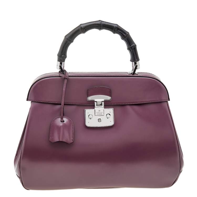 Pre Owned Gucci Mauve Leather Lady Lock Bamboo Large Top Handle Bag