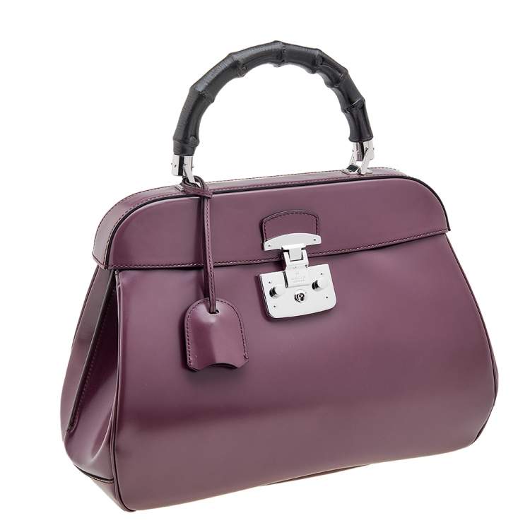 Pre Owned Gucci Mauve Leather Lady Lock Bamboo Large Top Handle Bag