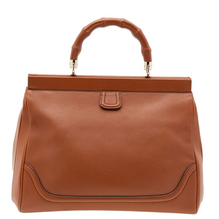 Pre Owned Gucci Brown Leather Medium Bold Bamboo Top Handle Bag