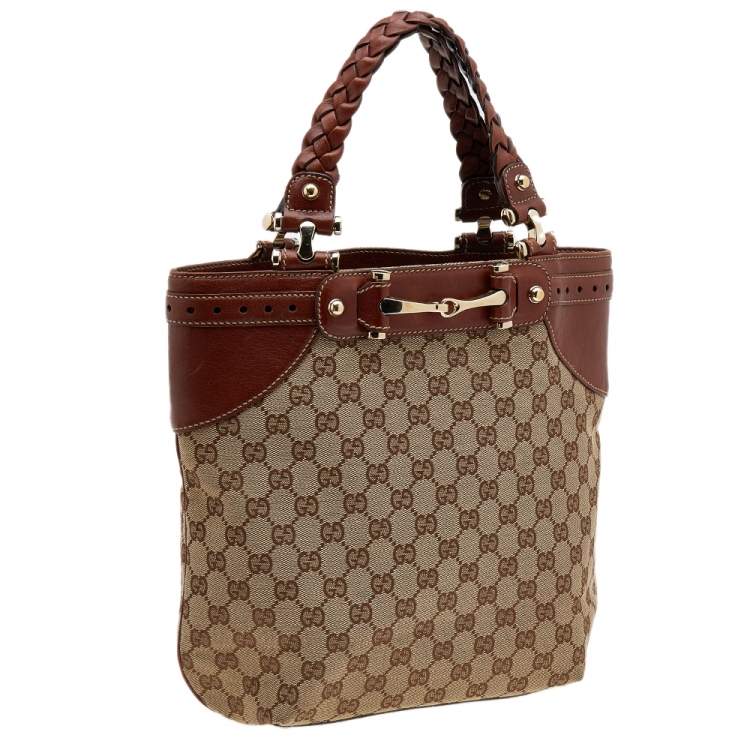 Pre Owned Gucci Beige/Brown GG Canvas And Leather Sukey Tote