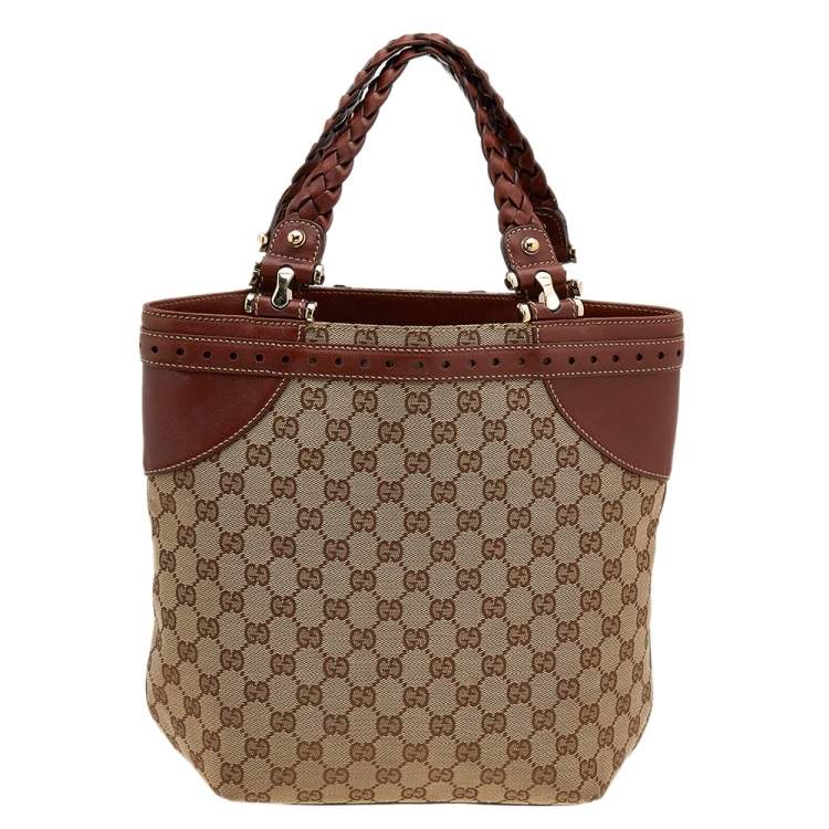 Pre Owned Gucci Beige/Brown GG Canvas And Leather Sukey Tote