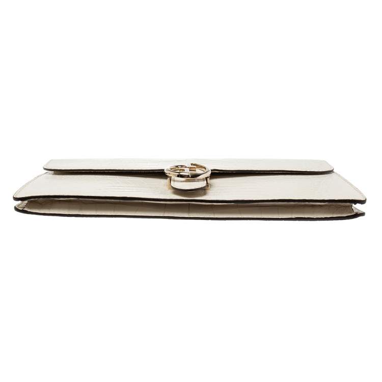 Pre Owned Gucci White Crocodile 1973 Flap Long Clutch