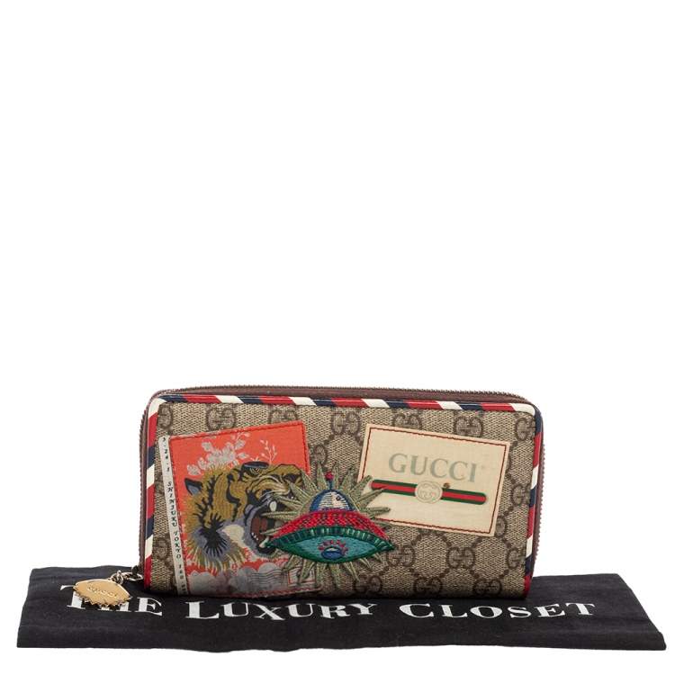 Pre Owned Gucci Beige/Brown GG Supreme Canvas And Leather Applique Courrier Zip Around Wallet