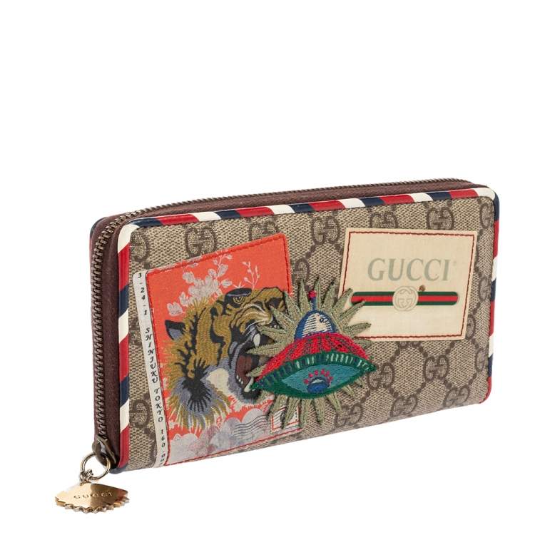 Pre Owned Gucci Beige/Brown GG Supreme Canvas And Leather Applique Courrier Zip Around Wallet